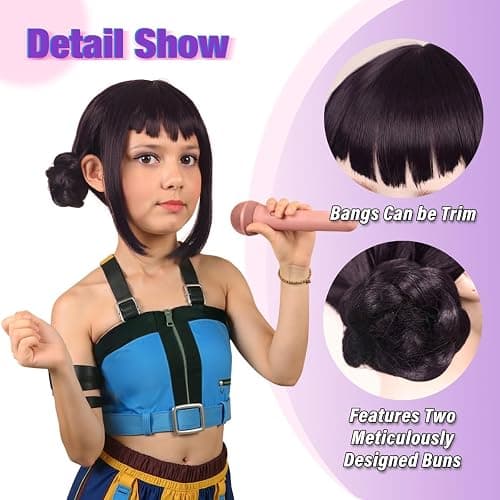 FantaLook Short Black Purple Cosplay Wig with 2 Buns for Halloween Party Costume（Small Size） thumbnail 6