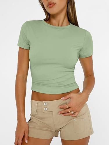 AUTOMET Women's Crew Neck Short Sleeve Basic Stretchy Tight Fitted T-Shirt thumbnail 2