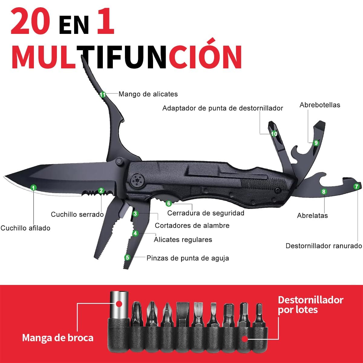 Navaja Multiherramienta Alicates Multiusos, Herramienta Multiusos 15 en 1 Multifuncional plegables alicates acero inoxidable Navaja Suiza Alicate Destornillador Herramienta Multifuncional thumbnail 3