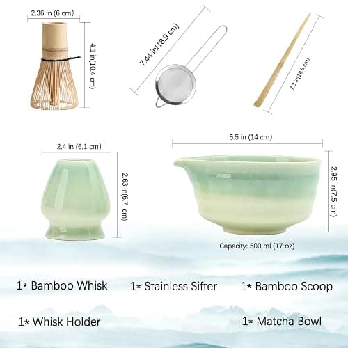 Buucup Japanese Matcha Set, Matcha Bowl with Spout, Matcha Whisk and Holder, Bamboo Matcha Scoop and Stainless Steel Sifter - 5 Pcs Gradient Green Matcha Kit for Matcha Lover thumbnail 2