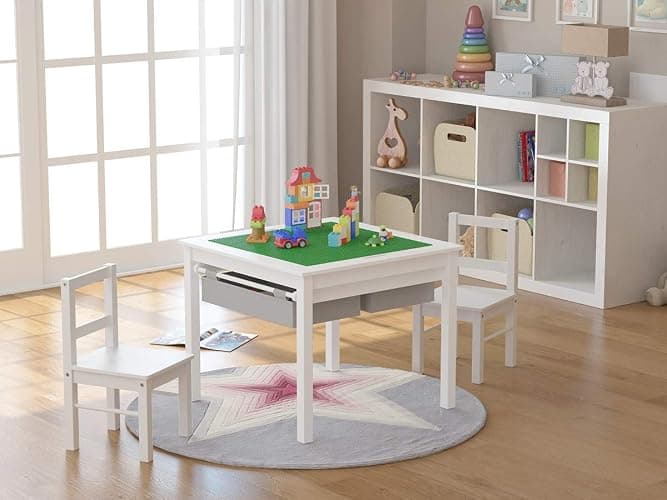 UTEX Wooden 2 in 1 Kids Construction Activity Table and 2 Chairs Set with Storage Drawers, and Built in Plate Compatible with Lego and Duplo Bricks (White with Grey Drawers) - Image 1