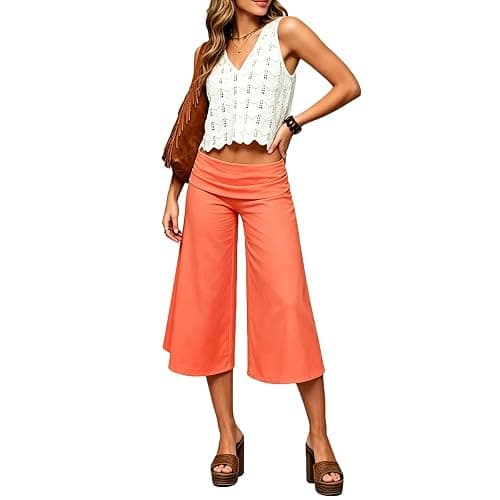 RUEWEY Women Fold Over Capri Pants Low Rise Wide Leg Yoga Capris Going Out Flowy Gaucho Pants Streetwear thumbnail 4
