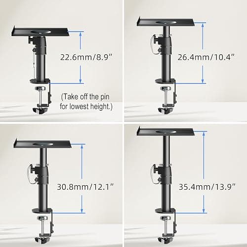 suptek Clamp-on Speaker Stand Desk Mount Set, Height Adjustment, Tilt, Swivel, 9.6 x 8.8 inch Trays, Universal Audio Holders for Computer and Bookshelf Speakers, Elevated Sound, 2 Pack, Black, SDM001B thumbnail 5