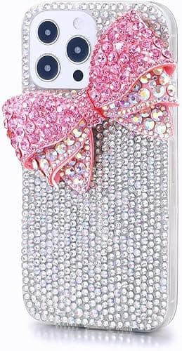Max-ABC for iPhone 14 Plus Bling Glitter Case,3D Cute Bow Diamond Women Girls Cover Luxury Shiny Sparkle Crystal Rhinestone Gems Bumper Clear Protective Phone Case,Bow Pink - Image 1