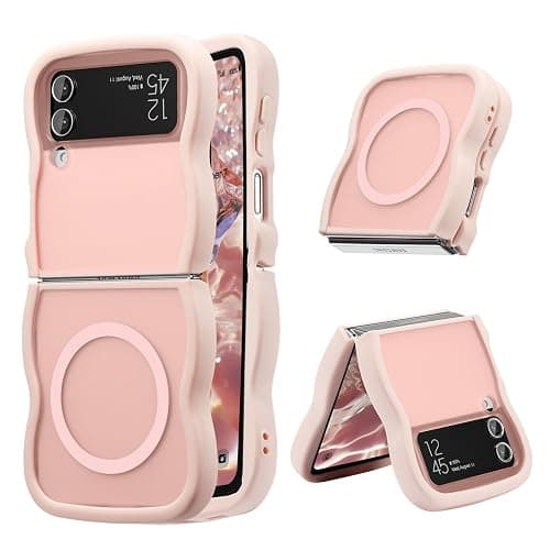 UEEBAI Magnetic for Samsung Galaxy Z Flip 3/Z Flip 4 Case, Compatible with MagSafe, Transparent Clear Wave Frame Design Soft Edge Cover Matte Shockproof Phone Case- Pink - Image 1