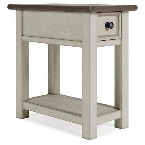 Signature Design by Ashley Bolanburg Chairside End Table With Charging Station, Two-Tone Wood Accent Table With Drawer Storage, Plank Top Design for Living Room or Bedroom, Antique White - Image 1