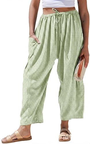 TARSE Womens Linen Wide Leg Striped Pants Casual Barrel Palazzo Harem Pants | Gingham Pants, Loose Fit Drawstring Baggy Pants, Side Pockets, Lounge Pants, Beach Travel Vacation Trousers - Image 1