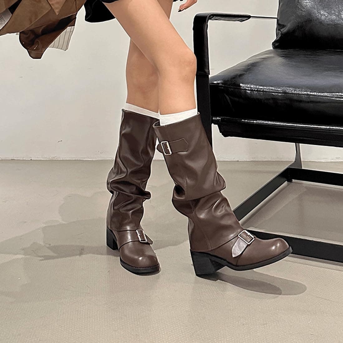 Women's Slouchy Knee High Boots,Round Toe Length Boot,Female All-Match Trendy Shoes,Winter Fall Chunky Metallic Buckle Boot thumbnail 6
