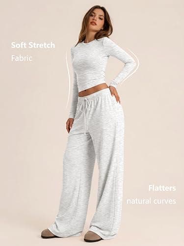 Trendy Queen Women's 2 Piece 2026 Fall Fashion Lounge Set with Pockets | Airport Outfit, Athleisure Workout Set, Fall Wardrobe Staple, Winter Style, Side-Ruched Top, Drawstring Wide-Leg Pants thumbnail 3