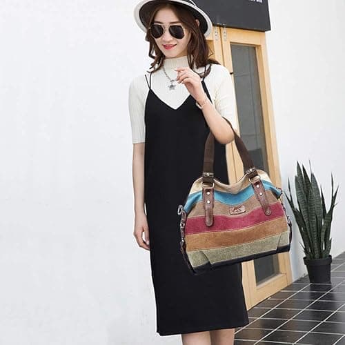 SNUG STAR Canvas Handbag Multi-Color Striped Lattice Cross Body Shoulder Purse Bag Tote-Handbag for Women thumbnail 3