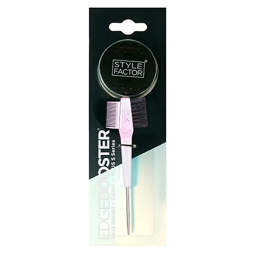Style Factor EDGE BOOSTER® Edge Brush+Comb Mini | Baby Hair Brush/Travel Brush with Compact Case | Travel Size Dual-Ended Boar Bristles & Pintail Comb for Edges, Parting & Styling | Pink/White thumbnail 2