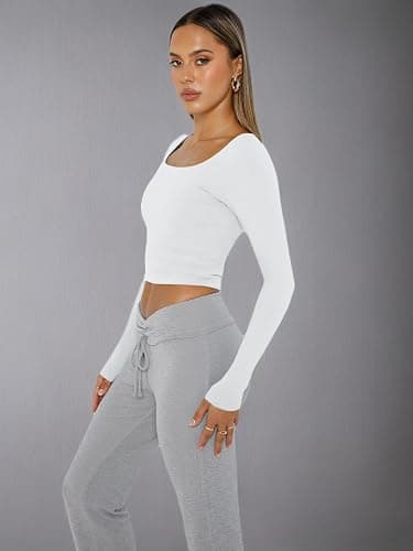 Trendy Queen Womens Long Sleeve Shirts Crop Tops Fall Fashion 2025 Square Neck Going Out Basics Tees Y2k Clothes thumbnail 7