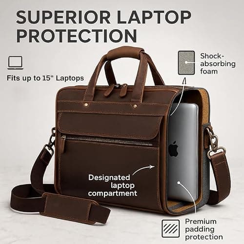 Luxorro Full Grain Leather Briefcase for Men, Top Choice Gifts, Handcrafted Laptop Bag with Multiple Compartments and Brass Hardware, Fits 15.6 Inch Laptop thumbnail 6