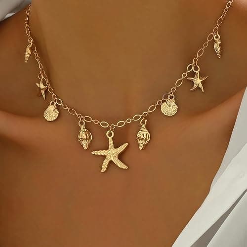 Shell Starfish Necklace for Women, 14k Gold Plated Boho Layered Beaded Charm Pendant Necklace, Dainty Adjustable Pearl Conch Summer Beach Vacation Jewelry Gifts thumbnail 3