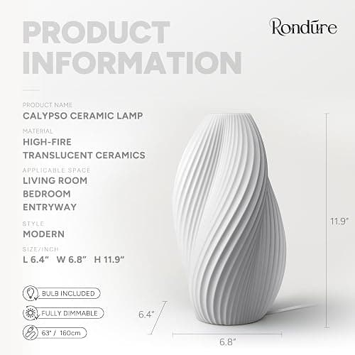 RONDURE Modern Ceramic Decorative Table Lamp Living Room Bedroom Bedside | Handcrafted Unique Warm Ambient Lighting Lamp, Accent White Translucent Ceramic shade, Fully Dimmable, Corded, Bulb Included thumbnail 3