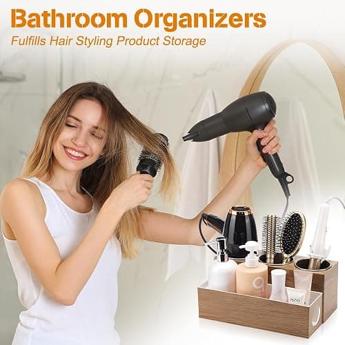 GFWARE Hot Hair Styling Tool Organizer with 3 Stainless Steel Cups, Wood | Hair Accessories Bathroom Vanity Storage, Hair Dryer, Blow Dryer, Curling Iron, Flat Iron, Hot Tools Cooling, Wood-Look thumbnail 3