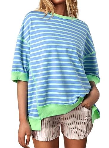 SHEWIN Womens Tops Casual Short Sleeve Sweatshirt Crewneck Striped Shirt Pullover T Shirts Loose Blouses thumbnail 4
