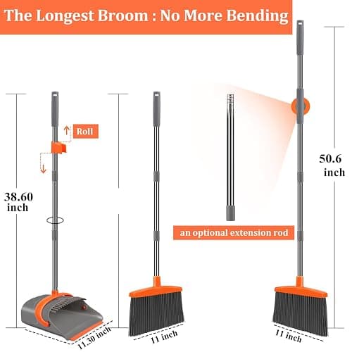 Broom and Dustpan Set for Home, Broom and Dustpan Combo for Office, Long Handle Broom with Upright Standing Dust pan,Indoor&Outdoor Sweeping (Gray&Orange) thumbnail 3