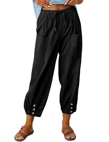 HangNiFang Cotton Linen Capri Pants for Women High Elastic Waisted Drawstring Cropped Pants with Pockets - Image 1
