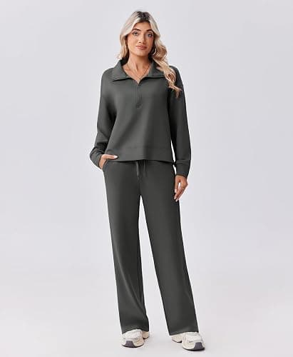PINSPARK 2 Piece Sets for Women 1/2 Zip Sweatsuit Loose Fit Sweatshirt Straight Leg Pants 2025 Matching Outfit Fall Tracksuit thumbnail 3