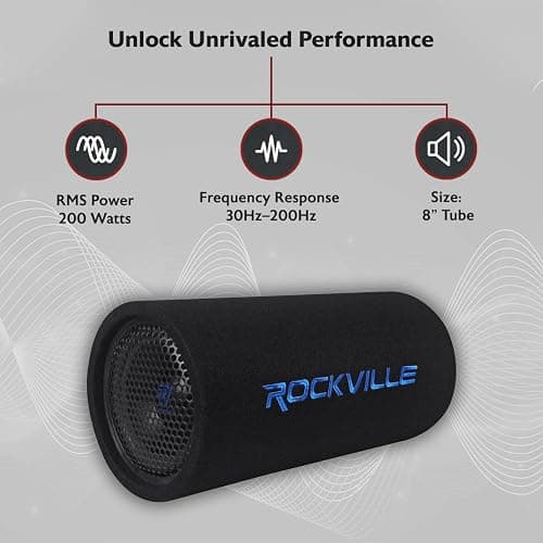 Rockville RTB80A Powered Subwoofer Bass Tube, 8", 400W Peak/200 Watts RMS, Deep Bass, Built-In Amp, Crossover, Vented Enclosure, Perfect for Car Audio thumbnail 2
