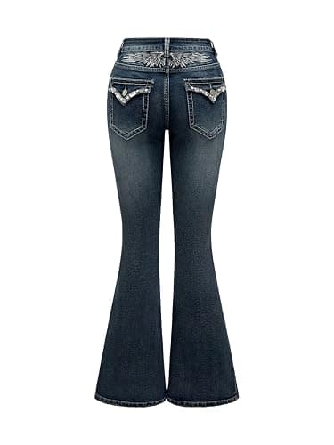 WDIRARA Women's Goth Punk Rhinestone Embroidered Flare Jeans Bootcut Denim Pants - Image 1