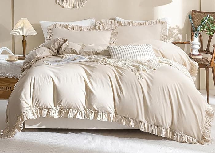 AShanlan Bettwäsche Rüschen 135x200 Beige Romantisch Bettwäsche-Sets 2tlg | Bettbezug 135x200 mit Kissenbezug 80x80 cm, 100% Weich Mikrofaser, ÖKO-TEX, Reißverschluss thumbnail 6