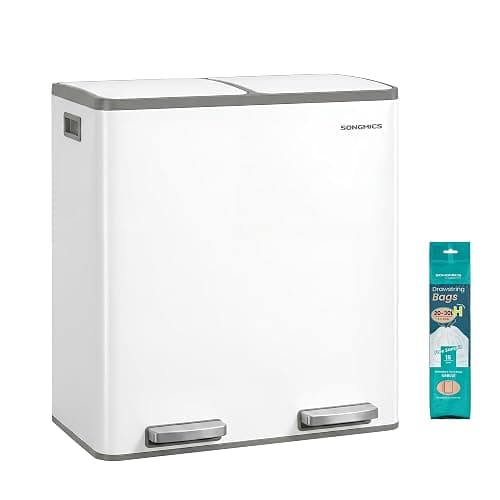 SONGMICS Trash Can, Double Compartment Garbage Can, Stainless Steel | 2 X 8 Gallon (2 x 30 L) for Recycling, with 15 Liner Bags, Soft-Close Lids, Removable Buckets, White ULTB160WZ01 - Image 1