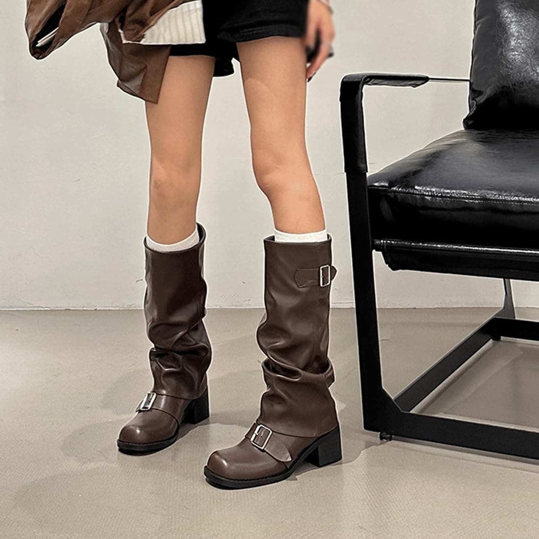 Women's Slouchy Knee High Boots,Round Toe Length Boot,Female All-Match Trendy Shoes,Winter Fall Chunky Metallic Buckle Boot thumbnail 8