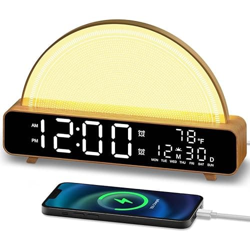 HAODINGMAI Sunrise Alarm Clock Wake Up Light with Sunrise Simulation White Noise Machine Touch Control Bedside Lamps Colors Atmosphere Lamp 30/60/90 Sleep Timer 13 Nature Sounds - Wood - Image 1
