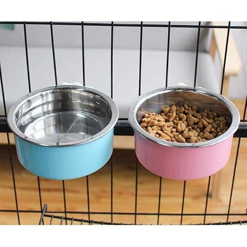 QIYADIN Stainless Steel Removable Pet Food Bowl, Anti-overturn Water Feeder Container, Suitable for Small Dog/Cat/Rabbit, 2 Set of Crate Bowls, Easy to Install and Clean - Pink/Blue - 2PCS Round thumbnail 3