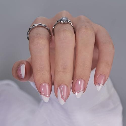 BTArtbox Press On Nails Almond - Swirl French Tip Press On Nails Short for Gifts, Nail Tips, Pink Fake Nail with Glue, Glue On Nails in 16 Sizes - 30 Nail Kit, Tiny Silver - X-Tiny Silver thumbnail 2