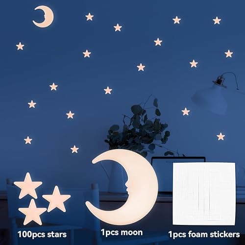 100 Stars and 1 Moon Glow in The Dark Luminous Fluorescent 3D Plastic Glow Stars Moon for Ceiling, Glowing Wall Stickers Create a Realistic Starry Sky, Room Decorations (Pink) thumbnail 4