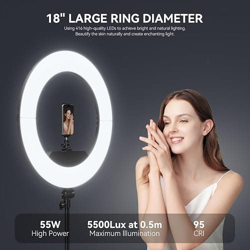 18 Inch Ring Light Kit, 55W6700k Dimmable LED Light, Tripod Stand, Remote Controller,Box,CRI95,Black thumbnail 3