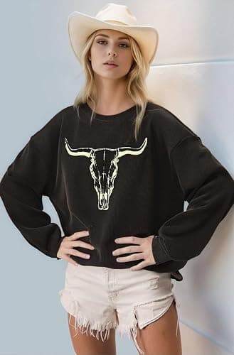 UNIQUEONE Boho Cow Skull Sweatshirt Women Cowgirl Shirt Rodeo Western Country Concert Outfits Nashville Graphic Pullover Tops thumbnail 2