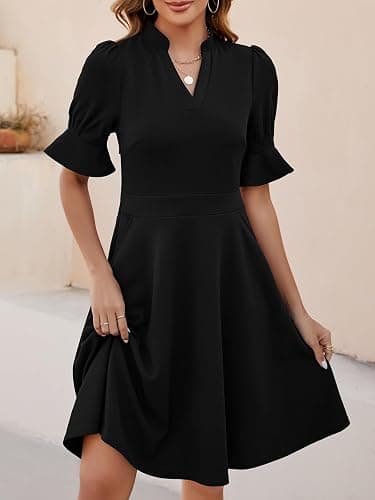 Mokayee Womens Summer V Neck Ruffle Short Sleeve Fit and Flare Knee Length Church Wedding Guest Dresses with Pockets thumbnail 2