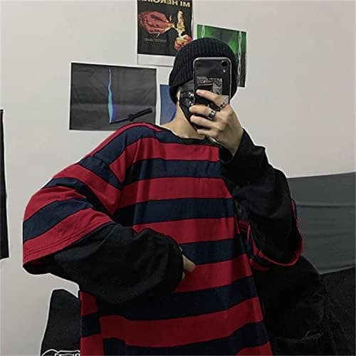 Harajuku Oversized Striped Shirts Y2K Grunge Clothes Crew Neck Emo Scene Clothes Streetwear Baggy Shirt Pullover thumbnail 4