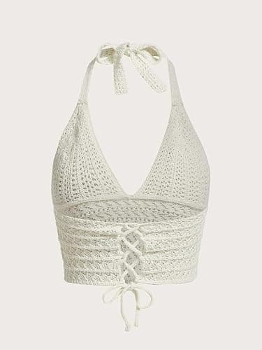 Naileksi Women Lace Up Backless Crochet Crop Halter Top Y2k Slim Fit Sleeveless V Neck Self Tie Back Knit Crop Cami Top thumbnail 4
