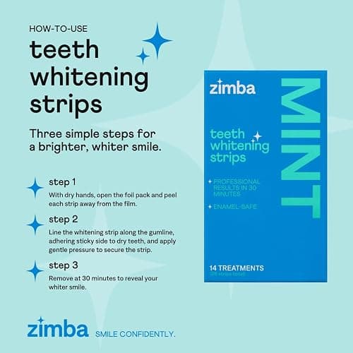 Zimba Teeth Whitening Strips Vegan Whitening Strip Enamel Safe Teeth Whitening Hydrogen Peroxide Teeth Whitener for Coffee, Wine, Tobacco, and Other Stains, 28 Strips (14 Day Treatment), Mint thumbnail 6
