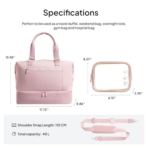 TOPEAST Travel Duffle Bag, Weekender Bags for Women with Shoe Compartment | 40L Carry On Bag with TSA Toiletry Bag & Wet Pocket for Overnight, Weekend, Hospital, Yoga, Business Trips, Sport, Gym, Pink thumbnail 3