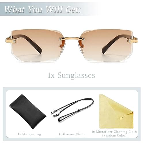 MEGAVOW Rectangle Lunettes de Soleil sans Cadre Carrées, Coupe Diamant Lentille, Style Rétro Vintage pour Plage, Voyage, Fête, Lunette à Monture Ultra-petite pour Femmes Hommes thumbnail 2
