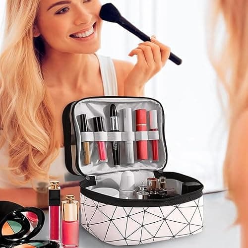 Double Layer Makeup Bag, Large Capacity Travel Cosmetic Bag, Waterproof Double Layer Makeup Bags, Portable Toiletry with Compartment Pink 23 x 17 x 16 cm thumbnail 2