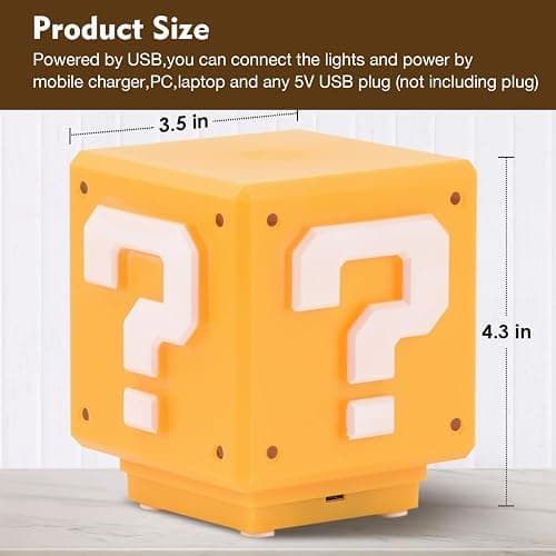 TLAOTNIY Super Bros Mini Question Block Night Lights - USB Powered Bedside Lamp with Game Sound Effects - Gift for Friends & Fans thumbnail 3