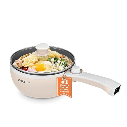 Dezin Hot Pot Electric Upgraded, Non-Stick Sauté Pan, Rapid Noodles Electric Pot, 1.5L Mini Portable Hot Pot for Steak, Egg, Fried Rice, Ramen, Oatmeal, Soup with Power Adjustment - 1.5L(Without Steamer) - Beige - Image 1