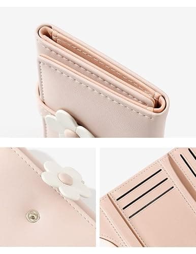 MEISEE Small Wallet for Girls Women Tri-folded Wallet Cash Pocket flowers Print Card Holder Coin Purse with ID Window elegant youthful and cute (2-pink-2) thumbnail 4