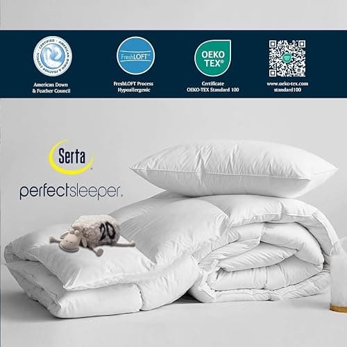 Serta Goose Feather Down Fiber Comforter Queen Size - 100% Cotton Cover Duvet Insert - Hotel Luxury Hypoallergenic Bedding Comforter All Season Medium Warmth 90 x 90 Inch White | 100% Cotton Cover Hypoallergenic Bedding Comforter All Season Medium Warmth 90 x 90 Inch White thumbnail 2