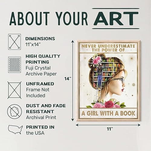 Empowering Wall Art For Tween Girl 11x14 - Never Underestimate A Girl With A Book - Inspirational & Motivational quote Poster - Ideal for Classroom Decor, Teacher Gifts,Woman Room Decor - Unframed thumbnail 3