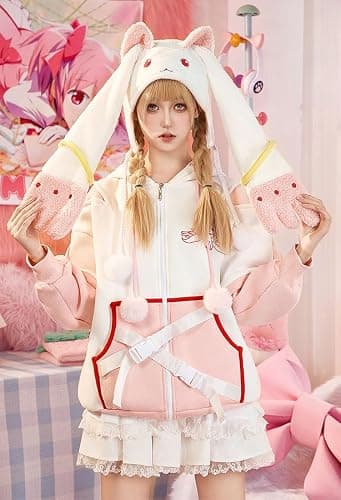 Micotaku Plush Hat Puella Magi Madoka Magica Kyubey Adorable Cosplay Accessory Pink and White thumbnail 5