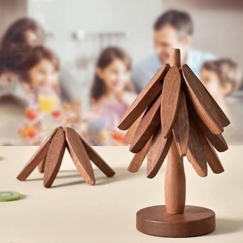 Wooden Tree Coasters, Trivets for Hot Dishes, Trivets for Hot Pots and Pans, Wooden Tree Trivet Set - 3 or 4 Wooden Trivet + 1 Stand, Christmas Coasters (Walnut,4pcs-A) thumbnail 2