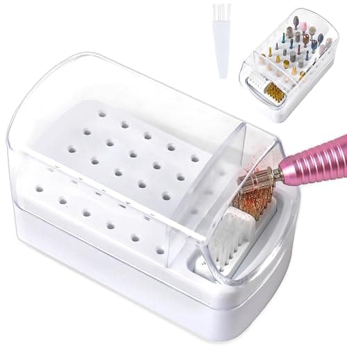 YINGJEE 2 in 1 Nail Drill Bits Holder & Cleaner, 30 Holes, Dustproof Storage Box, Includes 3 Cleaning Brushes, White, Acrylic Plastic, Cosmetic Nail Set, Kit - Image 1